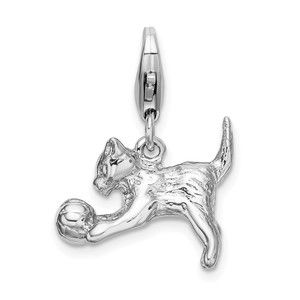 925 Sterling Silver 3-D Kitten & Ball Bracelet Charm Lobster Clasp